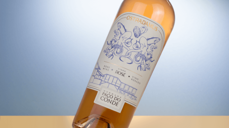 Rótulo exclusivo de vinho rosé do Ostradamus e Blanic, harmonizado com frutos do mar